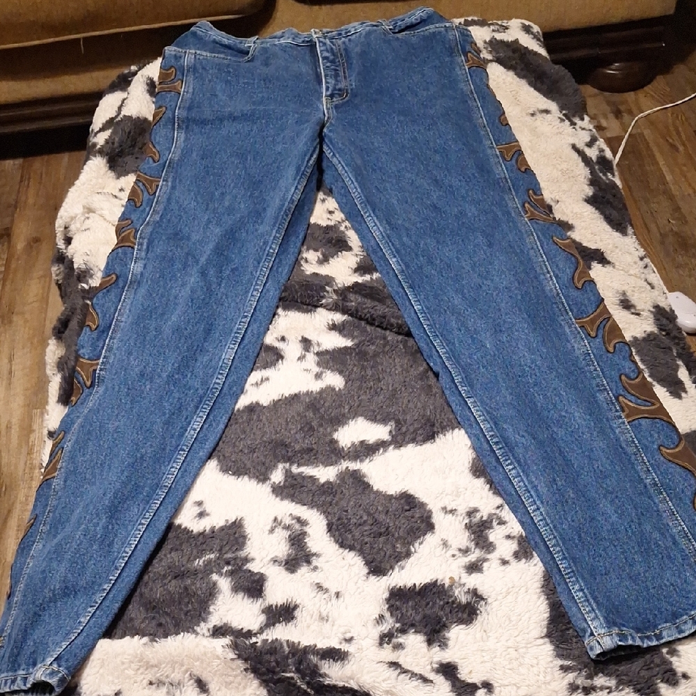 Lawman Blue Bootcut Jeans with Brown Leather Details